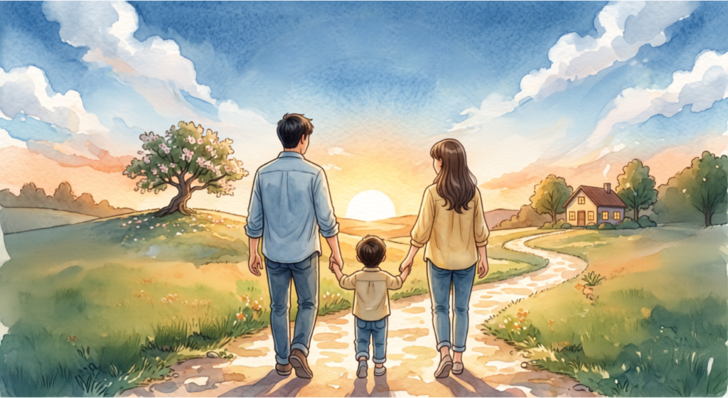 ペアルックで仲良く手を繋いで散歩している夫婦と子供