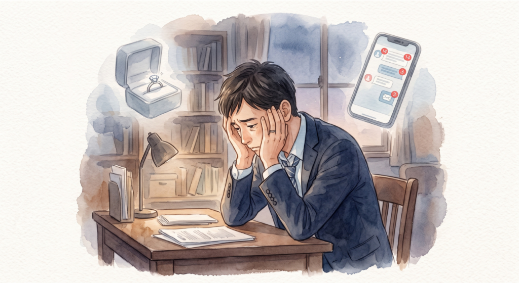 指輪やスマホの通知からのプレッシャーに押しつぶされそうになっている男性