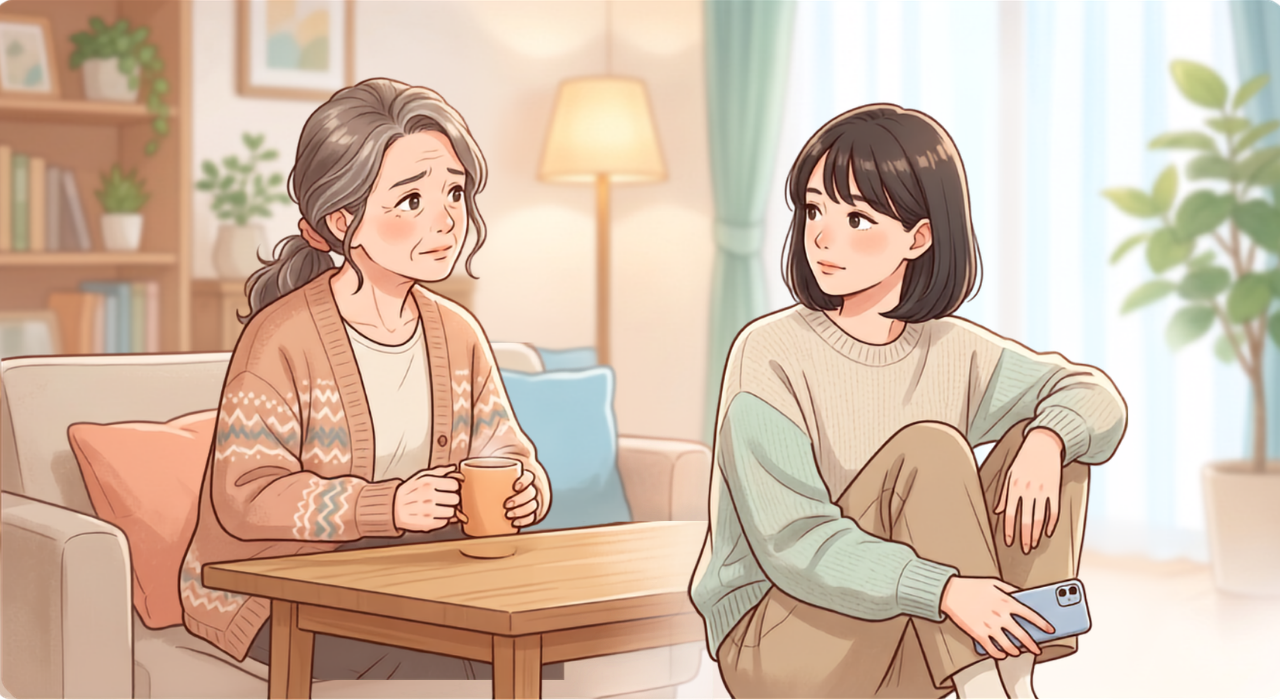 母が娘を心配そうに見つめる様子