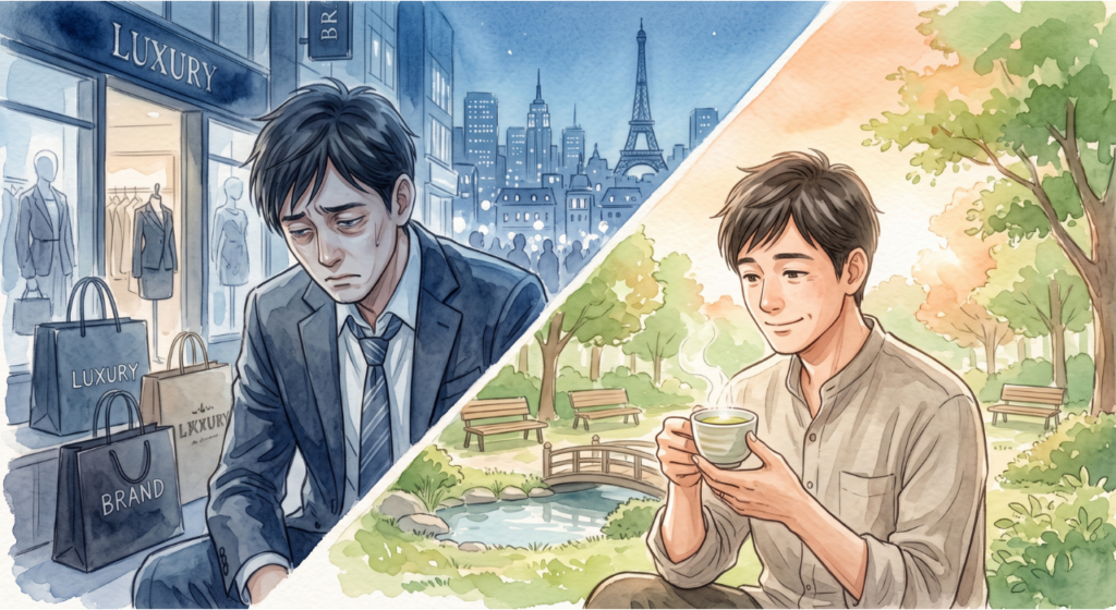 高級なものに囲まれ疲れ切った男性と些細な日常に幸せを感じている男性の対比